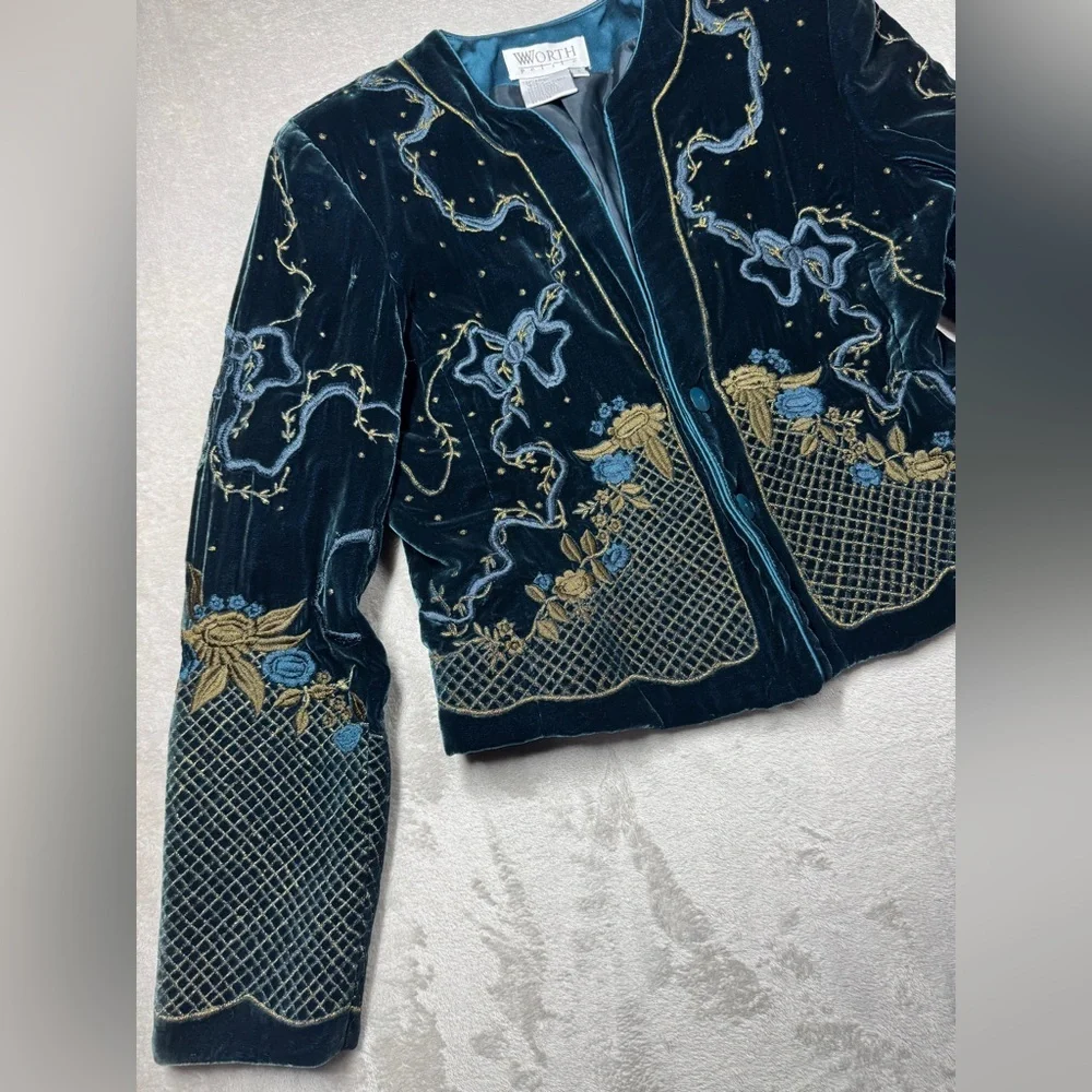 Vintage Worth Silk Blend Dark Teal Velvet Embroidered Celestial Blazer Size 4P - Picture 3 of 17